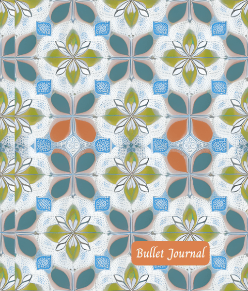 cover of Guided Bullet Journal Vintage Tile featuring a retro style tiled pattern in teal, green, blue and orange