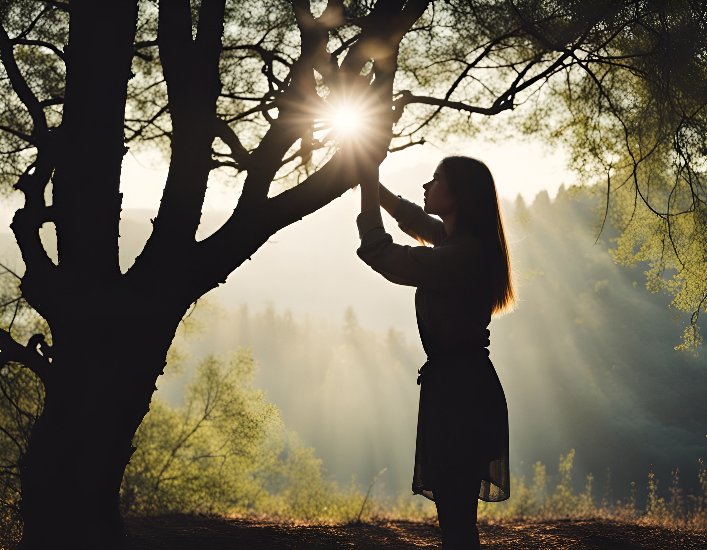 woman holding a tree branch with the sun shining through the tree