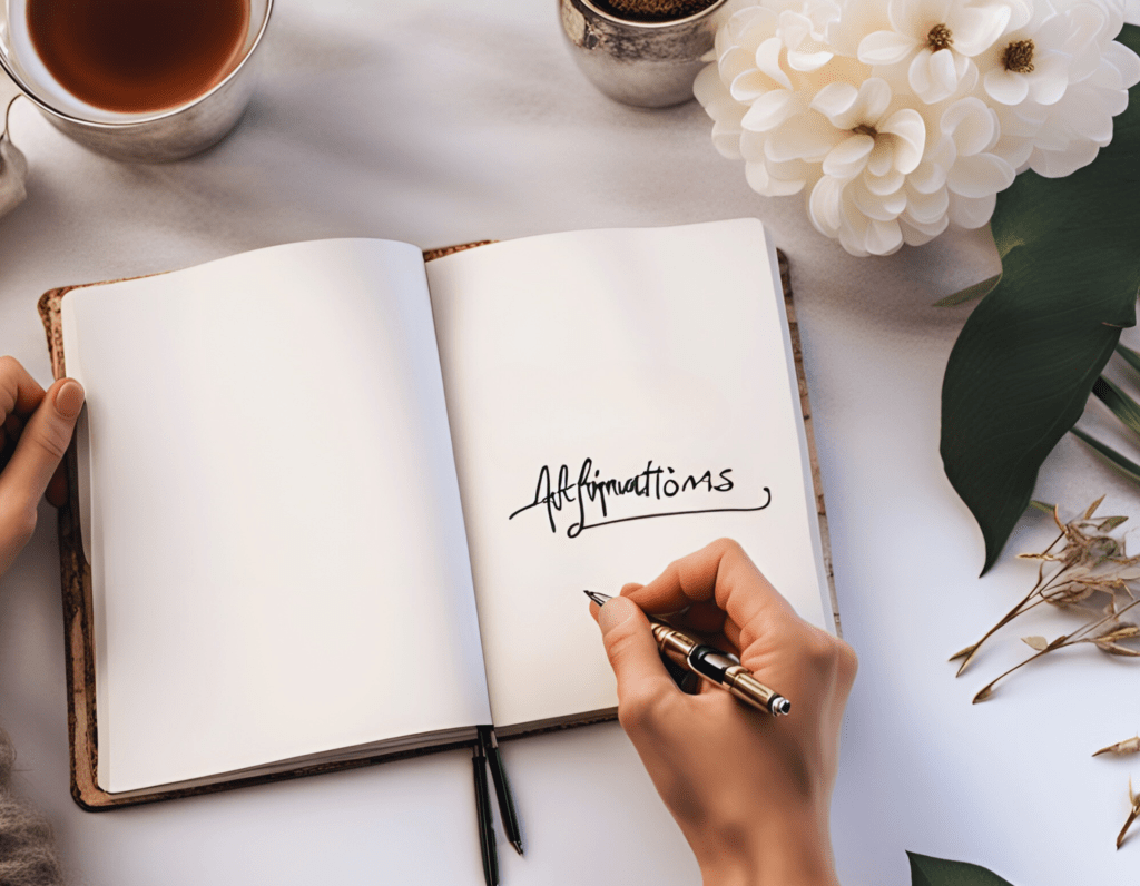 Hand writing the word Affirmations in a journal on a table with flowers and tea