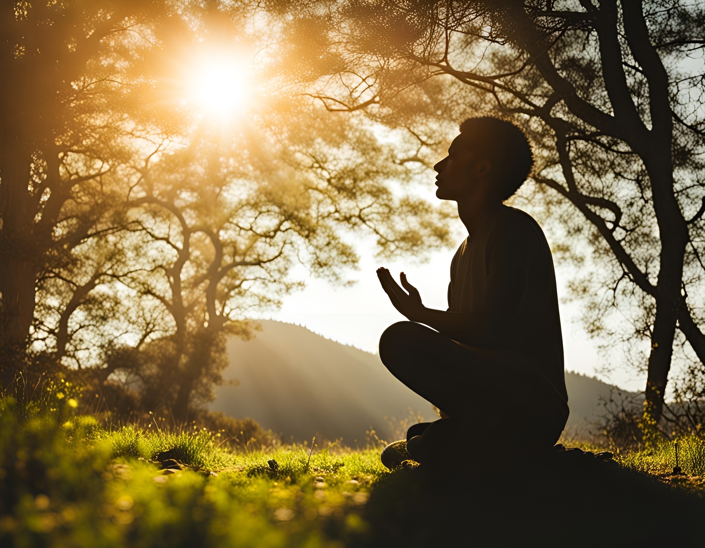 Person meditating in nature with the sun shining through the trees