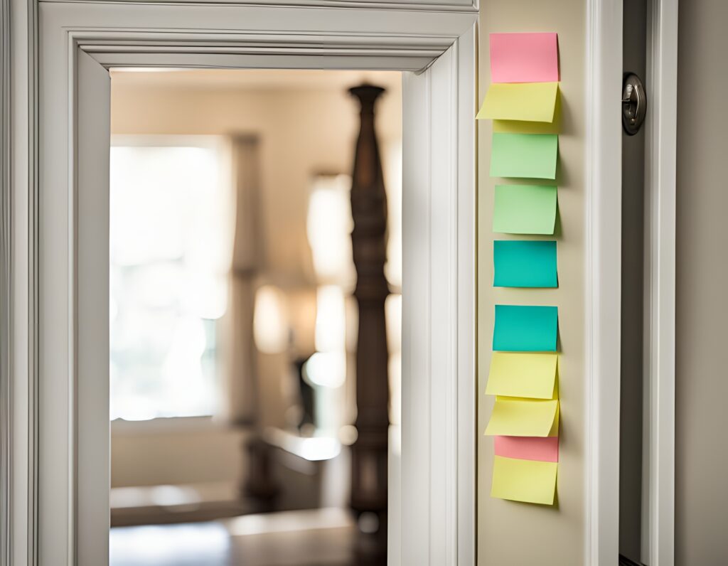 Colourful sticky notes on a bedroom doorframe