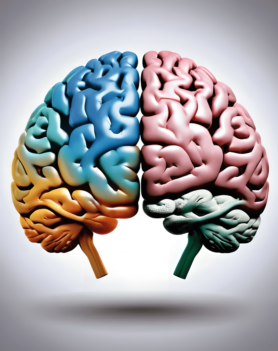 Illustration of a brain with the different sections in different colours showing the left and right