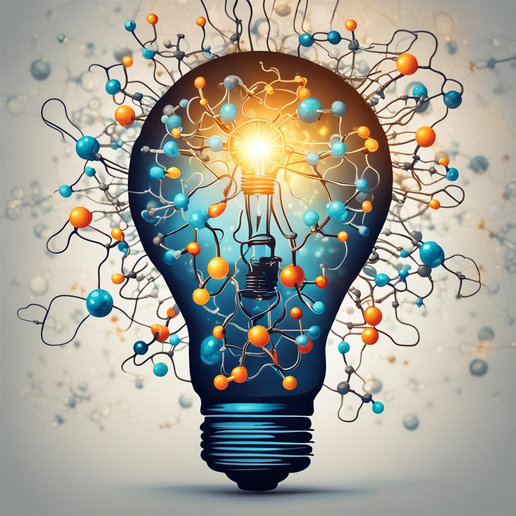 An artistic rendering of a lightbulb surrounded by neurotransmitter molecules like dopamine and serotonin, symbolizing the sparks of inspiration and motivation in the creative brain.