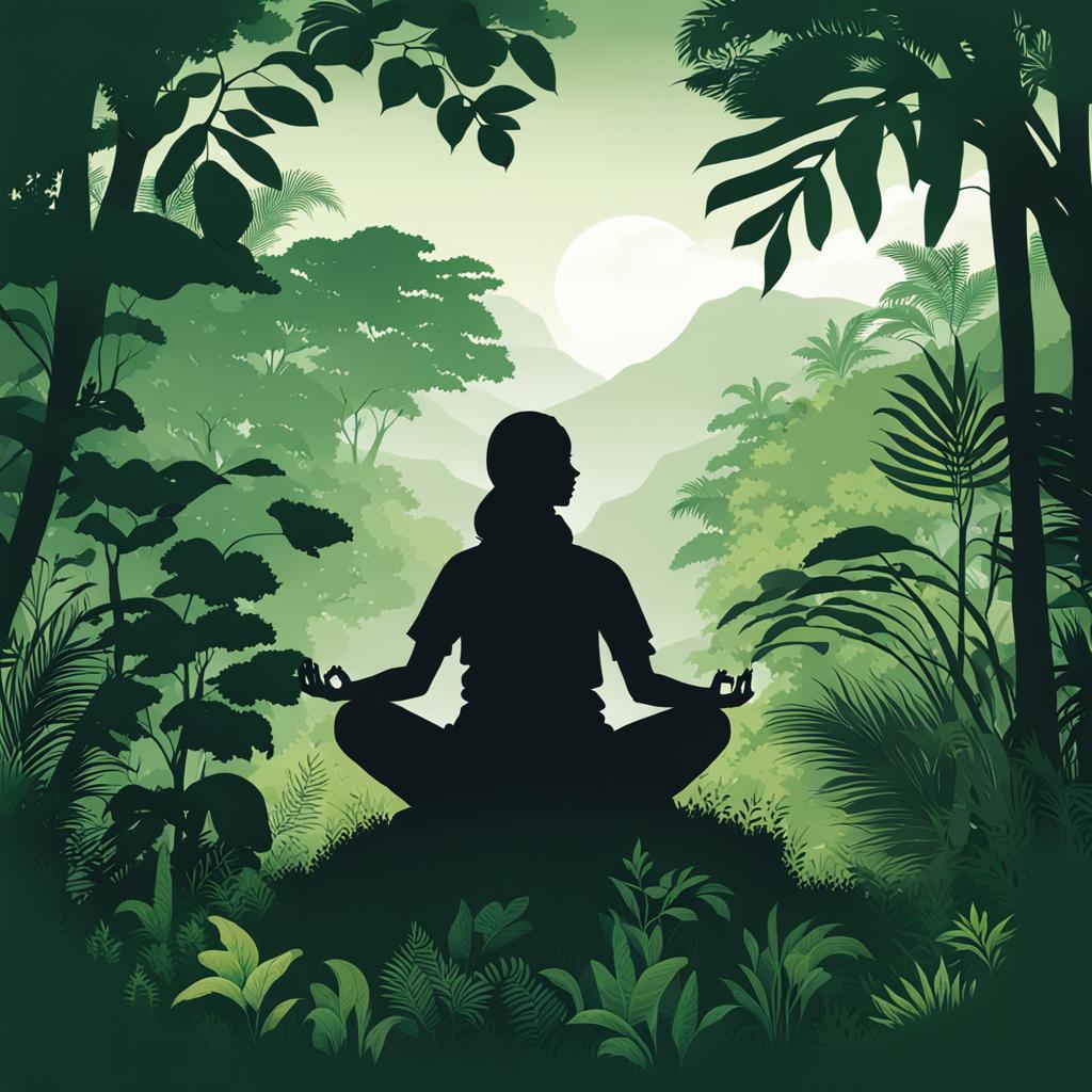 A woman meditating in nature surrounded by lush greenery, depicting the connection between mindfulness and creative inspiration.