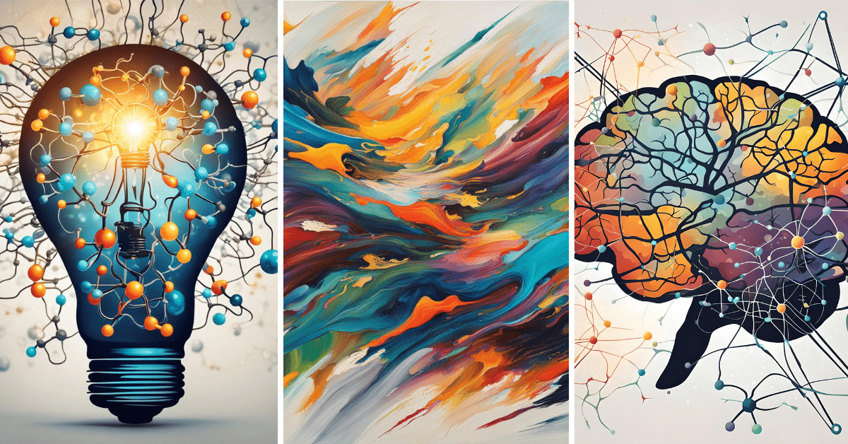 Neuroscience of Creativity feature picture showing a lightbulb, abstract painting and a brain