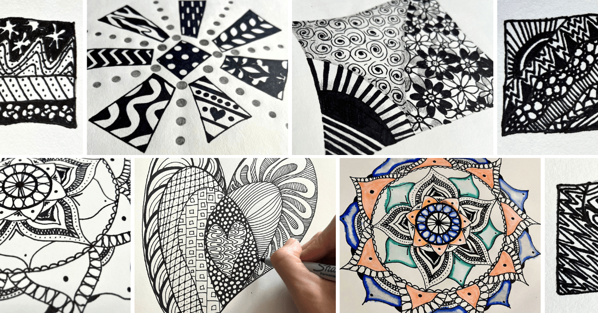 Collage of different images of various types of doodles including a Zentangle, Zendoodle, Mandala Doodle and Stendoodle.