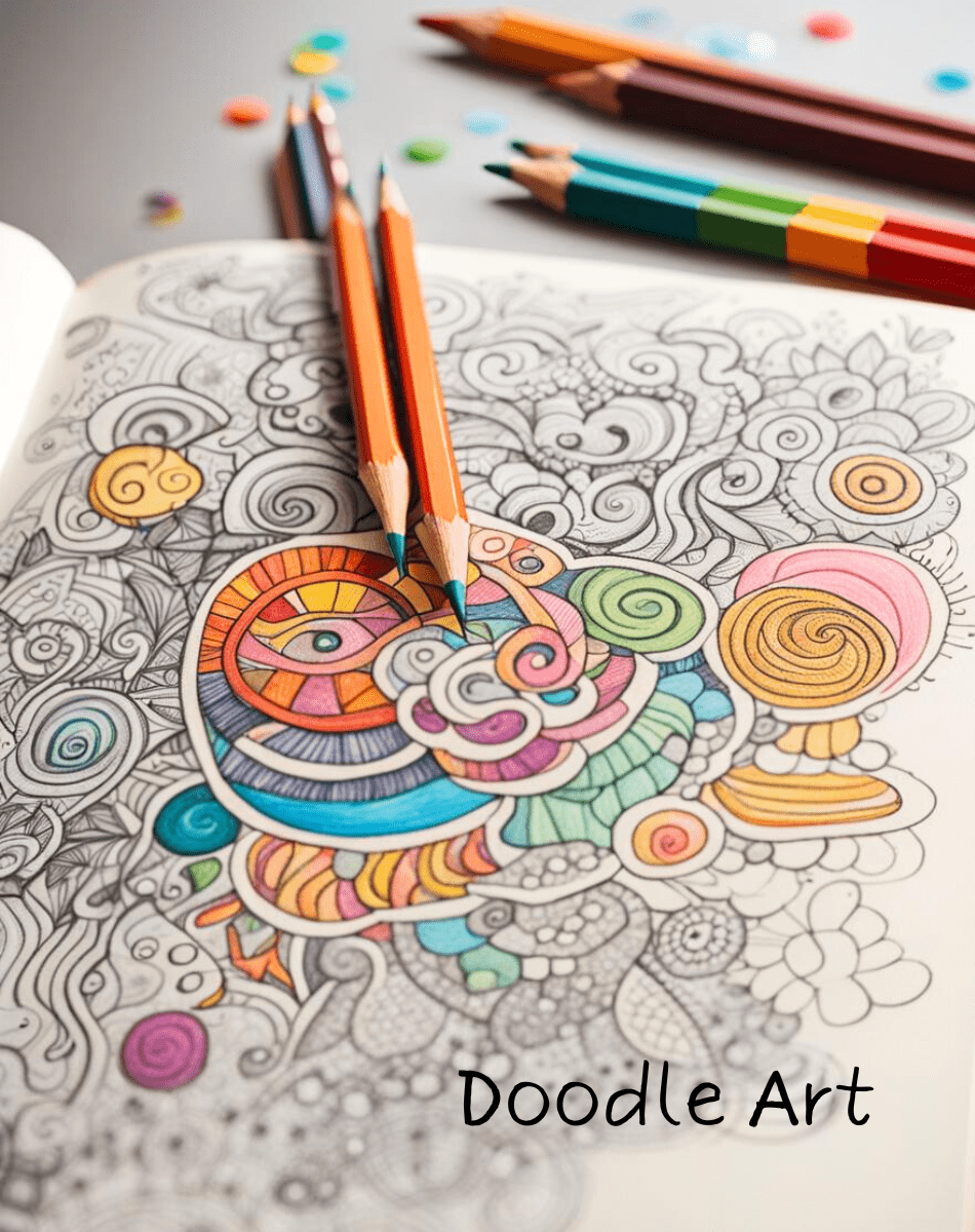 Colourful doodles, scribbles and spirals in a sketchbook with a few pencil crayons nearby