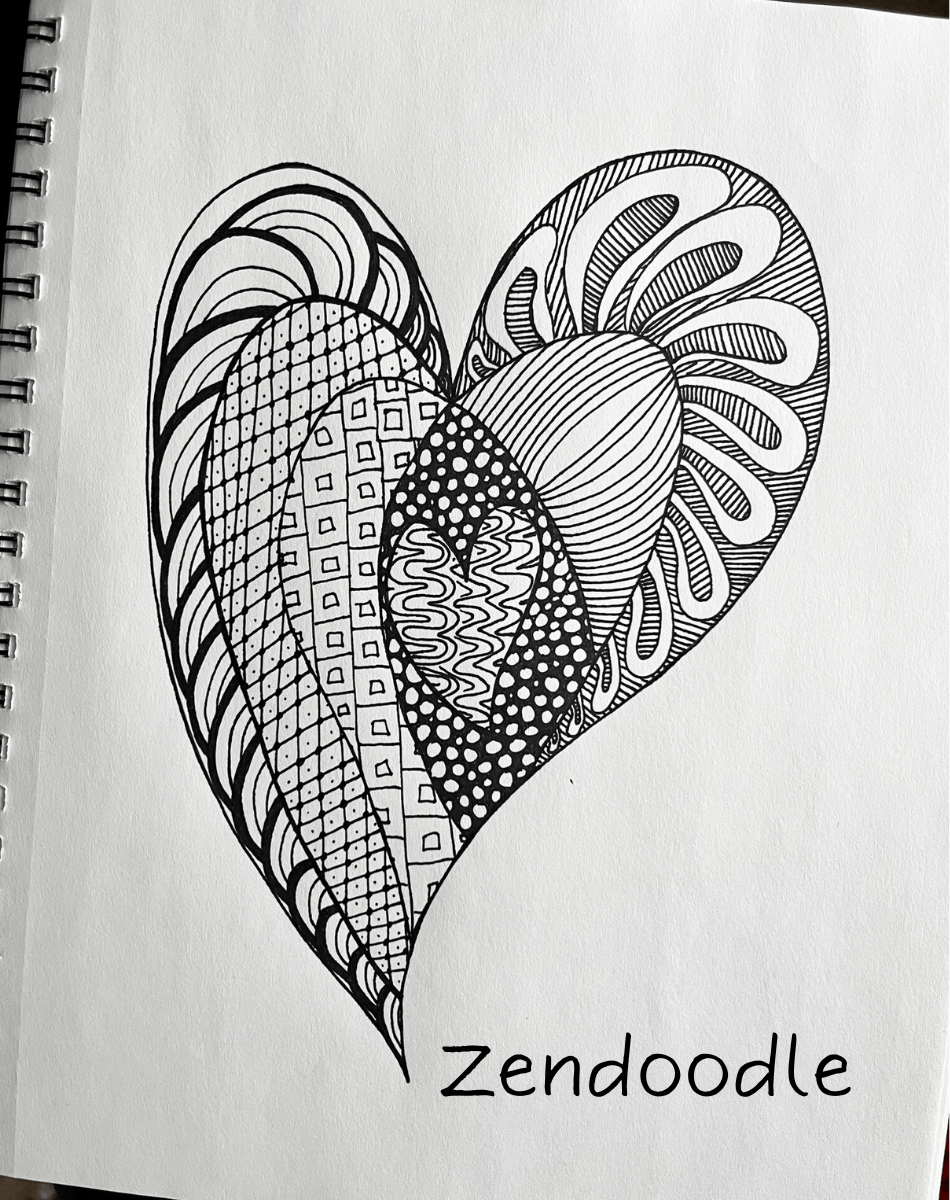 Heart shape filled in with repeating patterns divided in various segments.