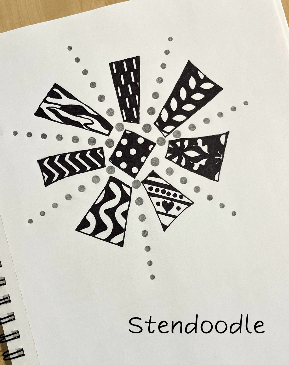 Stendoodle of a sun shape filled in with various patterns.