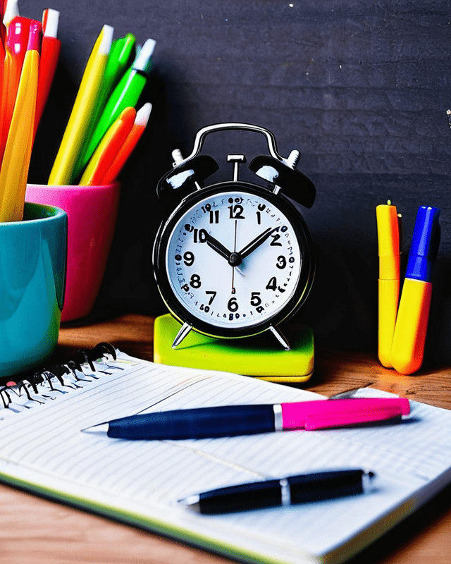 Image of a timer next to a notepad and pens on a desk