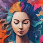 Illustration of a woman with flowing colourful hair