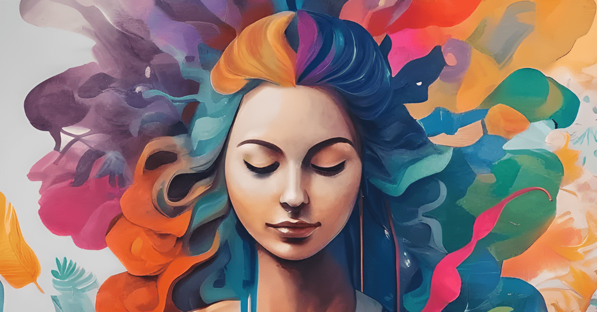 Illustration of a woman with flowing colourful hair