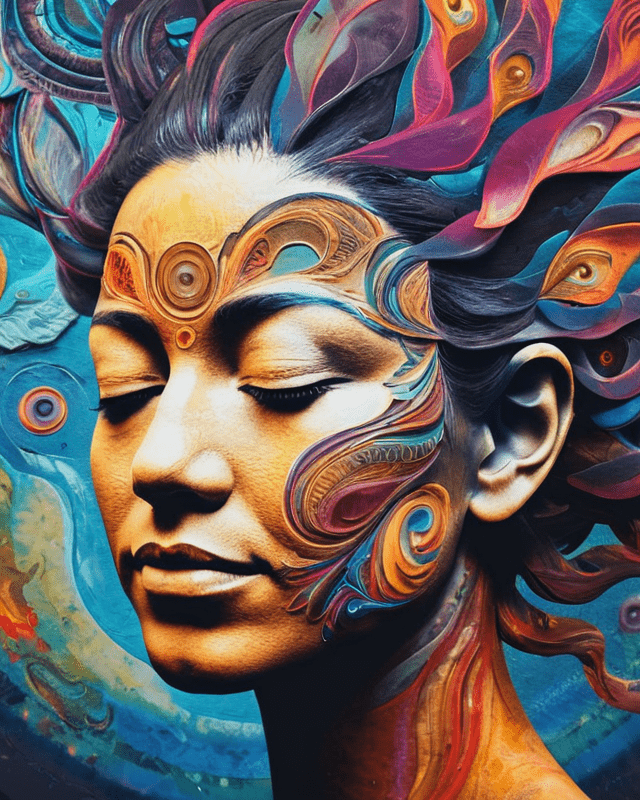 Close-up of a woman's face and neck and flowing hair covered in beautiful colours showing the strong connection between creativity and mindfulness