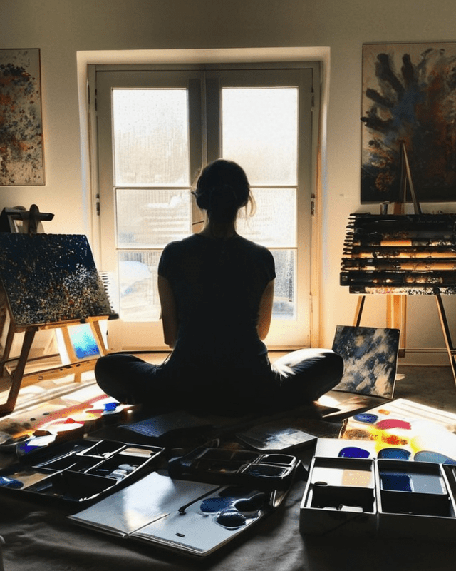 woman siting on the floor meditating,  surrounded by art supplies in a display of creativity and mindfulness