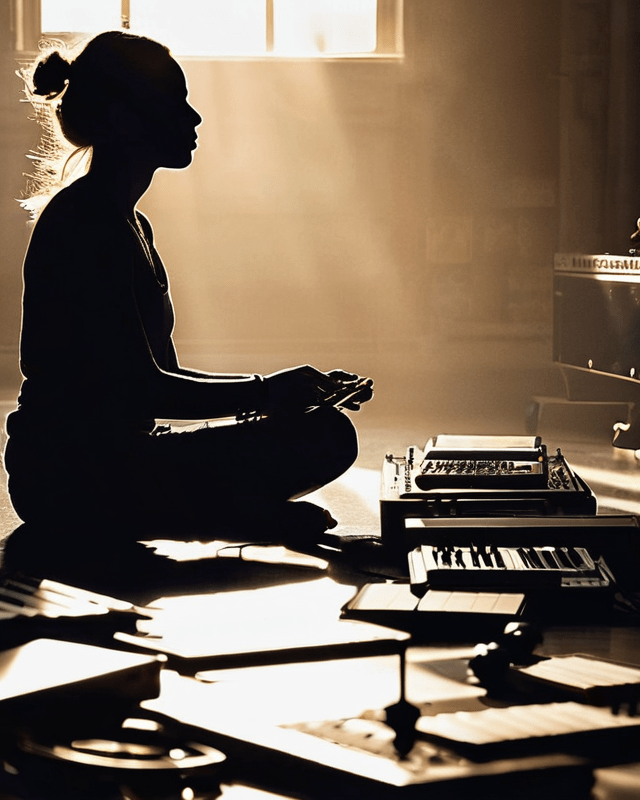 woman practicing mindful creativity through music by sitting cross legged on the floor with her eyes closed and music supplies around her