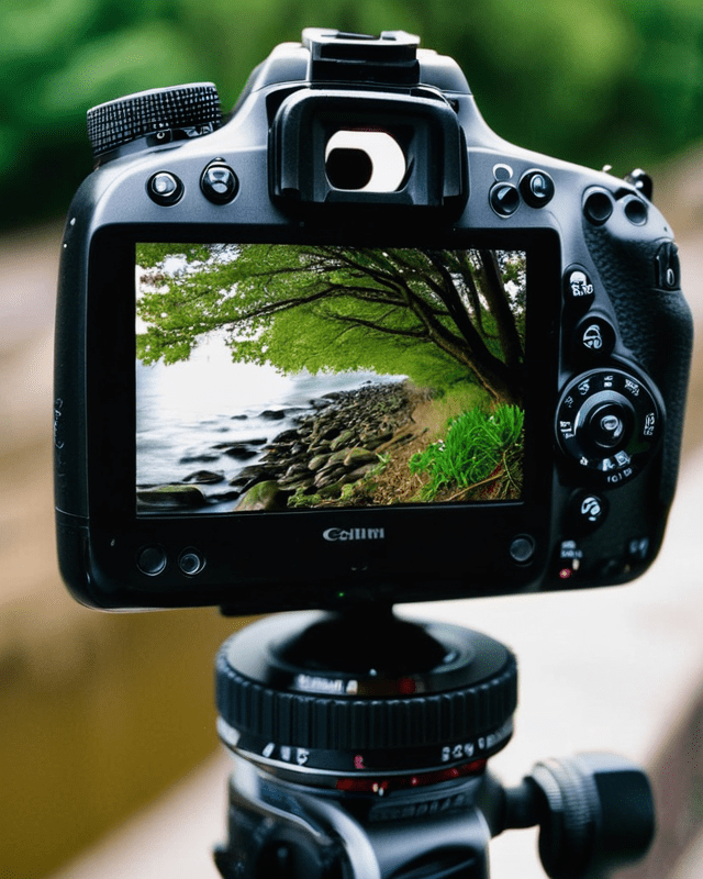 nature scene of lake water coming up to a rocky beach with grass and a tree whose branches hang over the water, viewed through a camera lens on a tripod 