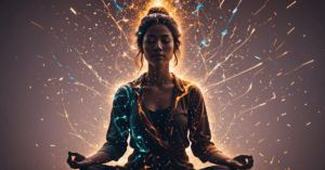 woman meditating with sparks of energy coming out of her showing a creative flow state