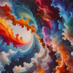 Swirls of clouds in various colours, blue, red, orange, purple, white, to represent a creative journey