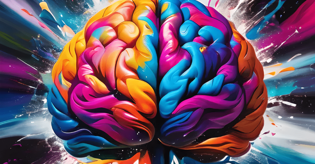 Feature Photo for the article 10 Fascinating Facts About Art from Neuroscience featuring a colourful brain on a background of paint splatters